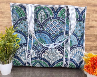 Handmade Cotton Tote Bag, Blue Green Floral Printed Bag, Everyday Large Grocery Shopping Bag, Boho Style Shoulder Bag, Trendy Gift for Women