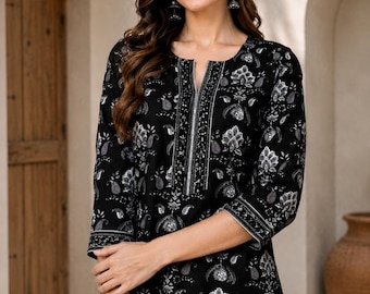 Czarna krótka kurti z kwiatowym wzorem paisley, ręcznie robiona bawełniana damska wygodna kurti, lekka, codzienna bluzka etniczna, modna tunika