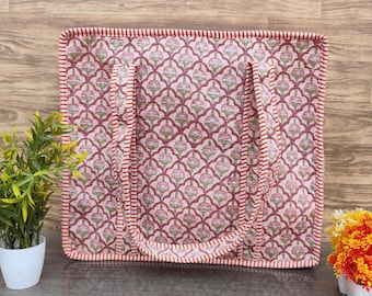 Pink Floral Print Quilted Tote Bag with Orange Striped Border – Style Spacious Everyday Shoulder Bag, Gift bag option for special occasions