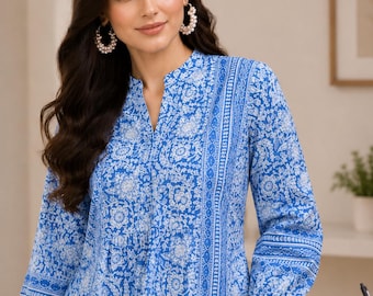 Ręcznie robiona bawełniana krótka kurti, biała, niebieska, damska kurti z kwiatowym nadrukiem, lekka i wygodna, codzienna, etniczna bluzka, elegancka, miękka kurti