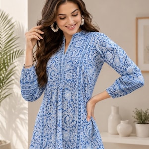Handmade Cotton Short Kurti, White Floral Print Women Blue Kurti, Lightweight & Comfortable Everyday Ethnic Top, Elegant Design Soft Kurti image 4