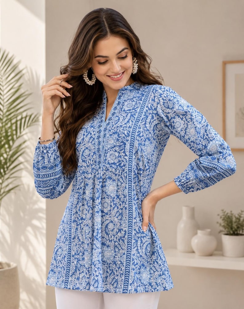 Handmade Cotton Short Kurti, White Floral Print Women Blue Kurti, Lightweight & Comfortable Everyday Ethnic Top, Elegant Design Soft Kurti image 4