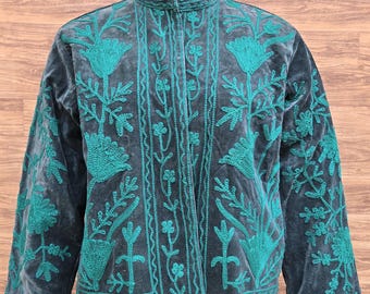 Sujani Velvet Handmade Embroidered Jacket, Teal Floral Embroidery Coat, Ethnic Boho Festival Wear, Stylish Vintage Jacket, Occasion Outwear
