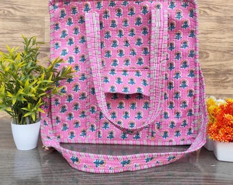 Handmade Cotton Quilted Tote Bag, Floral Print Pink Aesthetic Shoulder Bag, Hand Block Print Grocery Bag, Everyday Travel & Shopping Handbag