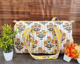 Torba podróżna z pikowanej bawełny, ręcznie robiona, z nadrukiem blokowym, duża torba na zakupy na siłownię, torba podróżna w stylu boho z kwiatowym nagietkiem