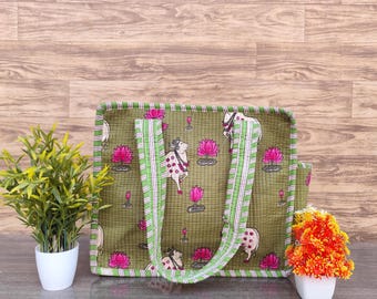 Handmade Cotton Quilted Tote Bag, Traditional Indian Print Shoulder Bag, Large Grocery Shopping Bag, Boho Stylish Carryall, Gift for Women