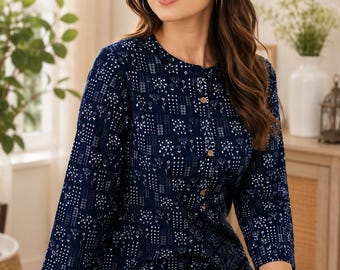 Krótkie kurti z nadrukiem w stójkę, ręcznie robione, granatowe, damskie, z wiskozy, wygodne i lekkie, miękkie, codzienne, tunikowe topy, modne okrycia wierzchnie