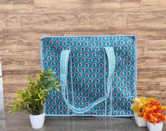 Handmade Cotton Quilted Tote Bag, Aesthetic Floral Hand Block Print Tote Bag, Large Grocery Shopping Zipper Handbag, Everyday Shoulder Bag