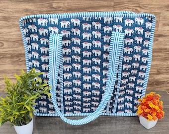 Handmade Cotton Quilted Tote Bag, Elephant Hand Block Print Grocery Bag, Lightweight Shoulder Carry Bag, Everyday Travel & Shopping Tote Bag
