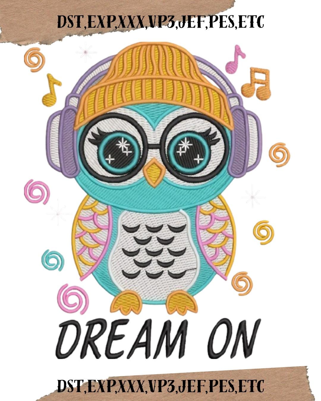 Music Lover Owl Embroidery Design, Headphones, 3 Sizes (Digital Files DST,XXX,VP3)