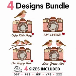 Cute Bird Camera Embroidery Design Bundle | 4 Designs Pack | Love Birds Quote Embroidery Files | PES,DST,JEF, VP3,| Instant Download