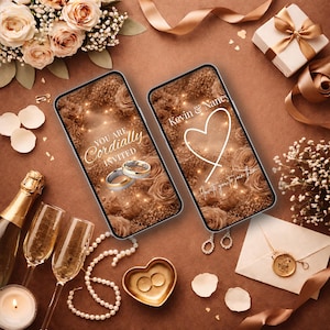 May include: A romantic wedding invitation design featuring two smartphones with floral backgrounds and the text "You are Cordially Invited" and "Kevin & Nancy". The image includes champagne, rings, and a gift box.