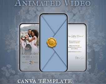 Dusty Blue Save the Date videosjabloon, bewerkbare video huwelijksuitnodiging, Canva geanimeerde Save the Date, digitale bruiloftsuitnodiging