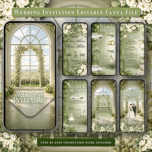 Könnte beinhalten: Eine digitale Hochzeitseinladungsvorlage mit floralem Design. Das Design umfasst eine Hochzeitseinladung, ein Hochzeitsprogramm, eine Speisekarte, Hochzeitsdetails, RSVP und eine Dankeskarte. Der Text enthält "Wedding Invitation Editable Canva File".