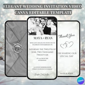 May include: Elegant wedding invitation video template. The design features three smartphone screens. The center screen displays a black and white photo of a couple, with the names "Maya & Ryan" and wedding details. The other screens show related graphics.