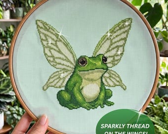 Fairy Frog Cross Stitch Pattern PDF, Sparkly Wings Frogcore Cottagecore Hoop Art