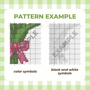 May include: A pattern example for cross-stitch featuring two charts. One chart uses color symbols to depict a floral design with green leaves and a pink bow. The other chart uses black and white symbols for the same design.