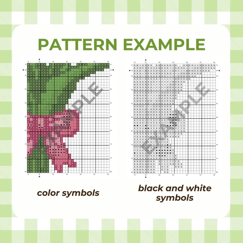 May include: A pattern example for cross-stitch featuring two charts. One chart uses color symbols to depict a floral design with green leaves and a pink bow. The other chart uses black and white symbols for the same design.