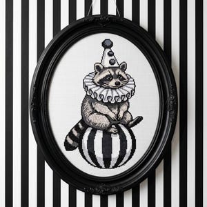 May include: A cross-stitch embroidery featuring a raccoon wearing a white clown hat and a ruffled collar, sitting atop a black and white striped ball. The artwork is displayed within an ornate, oval-shaped black frame with decorative detailing.