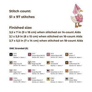 May include: Cross-stitch pattern featuring a goose wearing a pink dress and hat. The image includes stitch count, finished sizes in inches and centimeters, and a DMC color chart with thread colors and stitch counts.
