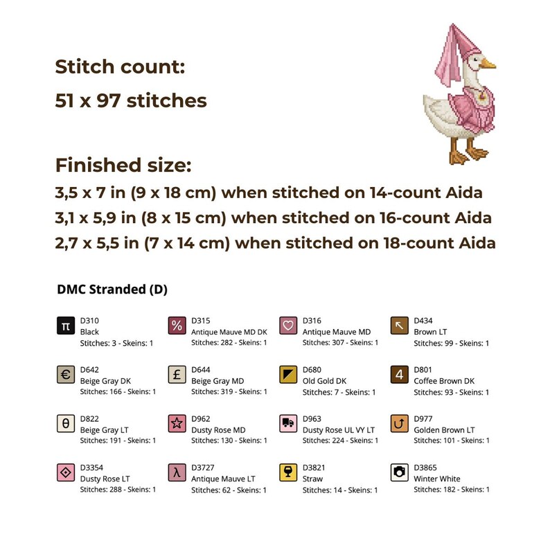 May include: Cross-stitch pattern featuring a goose wearing a pink dress and hat. The image includes stitch count, finished sizes in inches and centimeters, and a DMC color chart with thread colors and stitch counts.