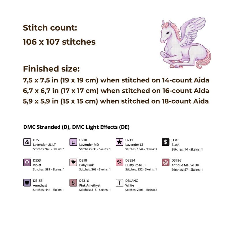 May include: A cross-stitch pattern featuring a winged unicorn with a pink mane and tail. The text includes a stitch count of 106 x 107, finished sizes ranging from 5.9 x 5.9 inches to 7.5 x 7.5 inches, and a detailed DMC thread color chart.
