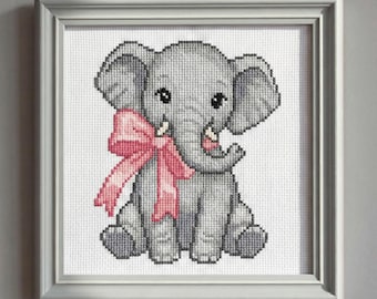 Elephant With A Pink Bow Cross Stitch Pattern - Beginner Friendly (Instant PDF Download)