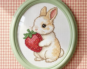Cross Stitch Pattern Bunny With A Strawberry – Beginner Friendly Rabbit Embroidery (Pattern Keeper Compatible)