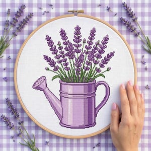 Floral Cross Stitch Pattern Lavender In A Watering Can – Beginner Garden Embroidery (Pattern Keeper Compatible) image 2