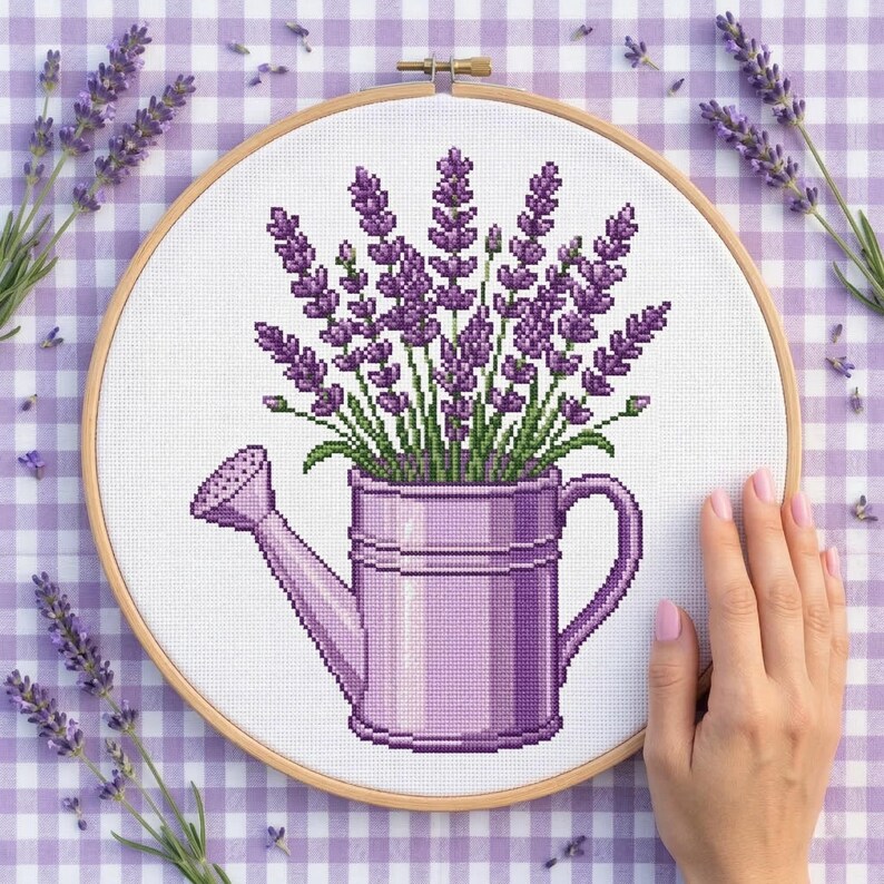 Floral Cross Stitch Pattern Lavender In A Watering Can – Beginner Garden Embroidery (Pattern Keeper Compatible) image 2