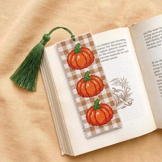Pumpkin Bookmark Cross Stitch Pattern, Fall Gingham PDF Chart, Cozy Reader Gift