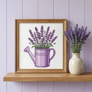 Floral Cross Stitch Pattern Lavender In A Watering Can – Beginner Garden Embroidery (Pattern Keeper Compatible) image 4