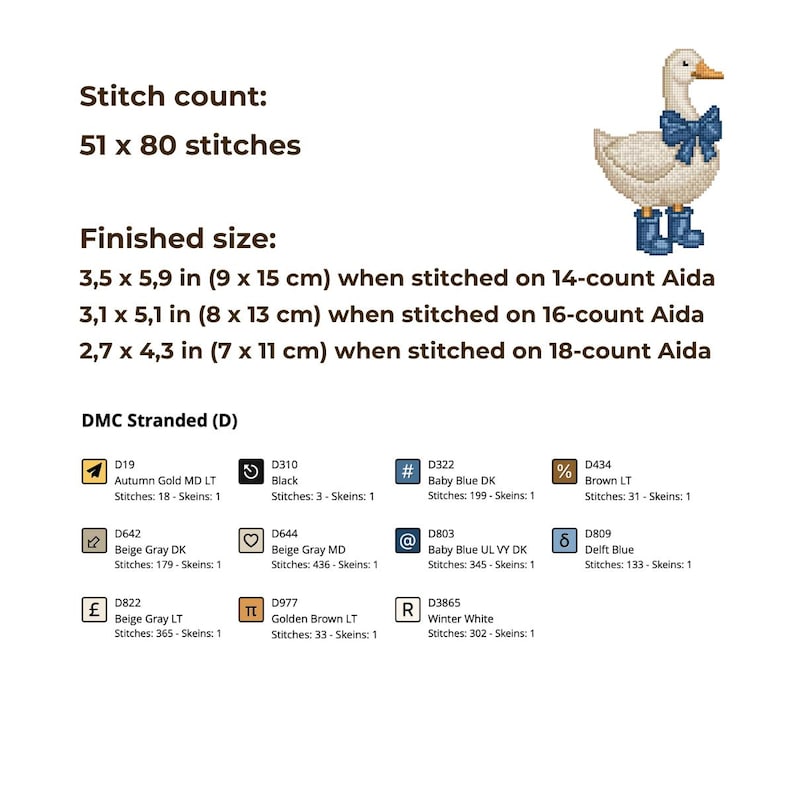 Goose with Blue Bow Cross Stitch Pattern - Beginner Friendly (Pattern Keeper Compatible) image 6