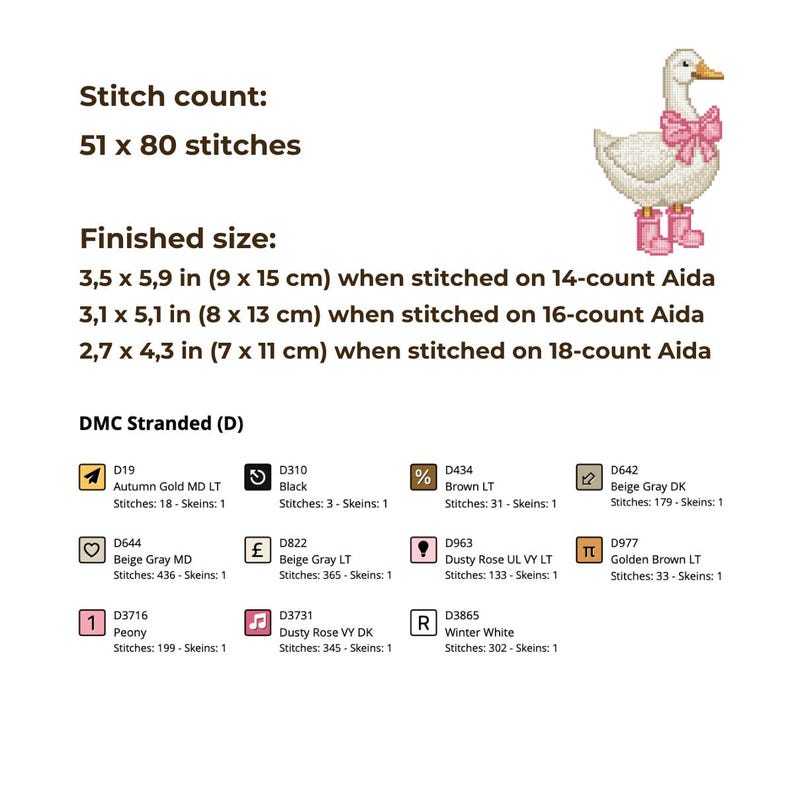 May include: Cross-stitch pattern featuring a goose wearing a pink bow and boots. The finished size is 3.5 x 5.9 inches (9 x 15 cm) on 14-count Aida. Includes DMC thread colors and stitch count information.