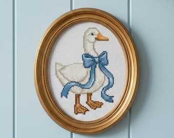 Goose with Pastel Blue Bow Cross Stitch Pattern – Beginner Easter DIY (Pattern Keeper Compatible)