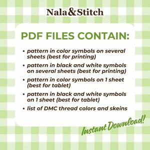 May include: A digital download graphic with the text "Nala & Stitch" at the top. The image lists the contents of the PDF files, including patterns in color and black and white symbols, and a list of DMC thread colors. The words "Instant Download!" are at the bottom.