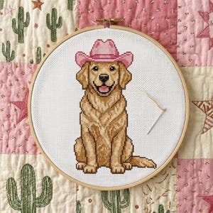 Patrón de punto de cruz Vaquera Golden Retriever - Bordado western para principiantes (compatible con Pattern Keeper)