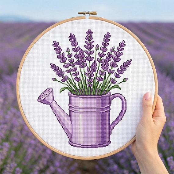 Floral Cross Stitch Pattern Lavender In A Watering Can – Beginner Garden Embroidery (Pattern Keeper Compatible)