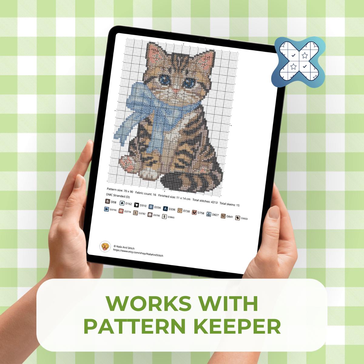 Cross Stitch PDF Pattern Tabby Cat With Blue Bow - Beginner Embroidery ...