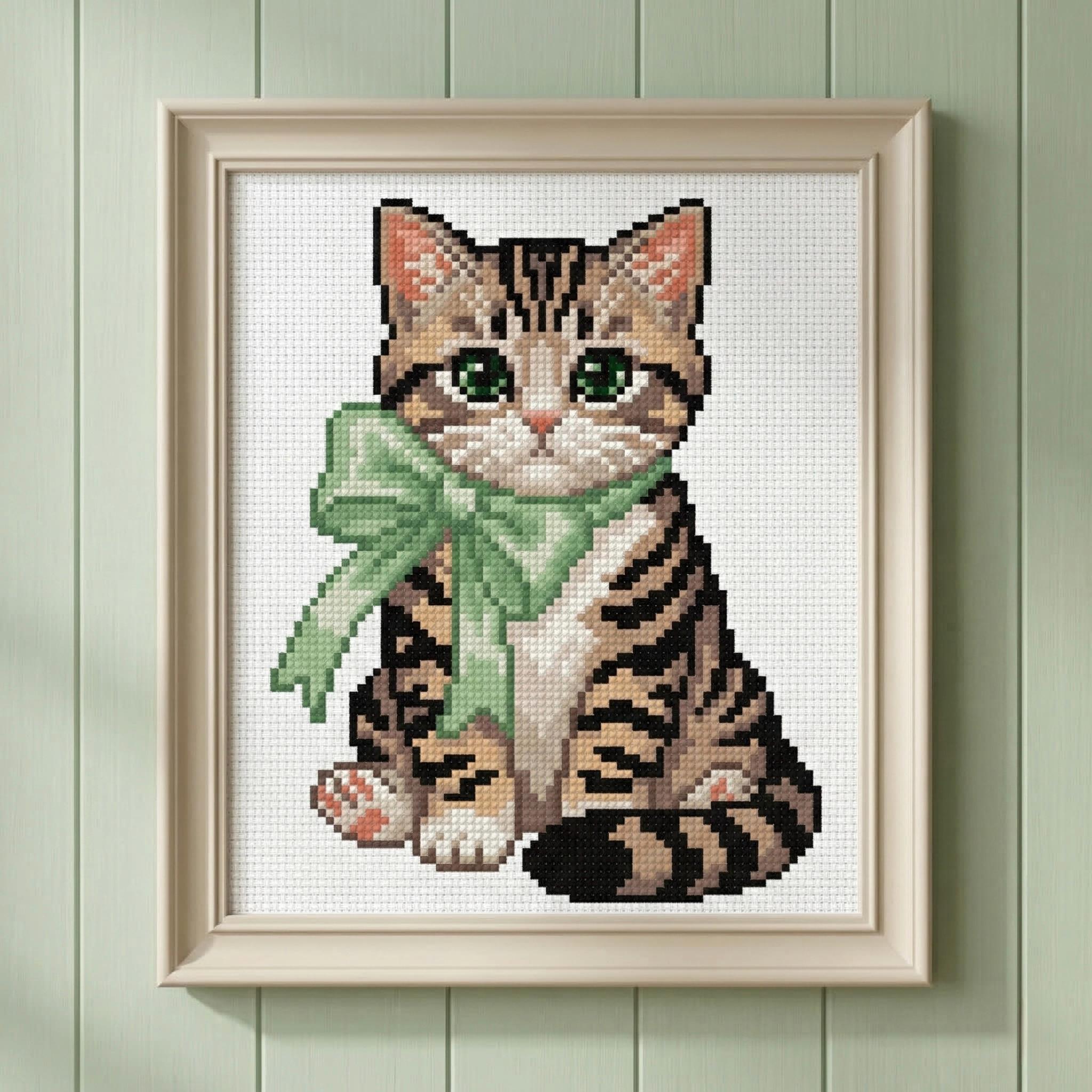 Cross Stitch PDF Pattern Tabby Cat With Green Bow - Beginner Embroidery ...