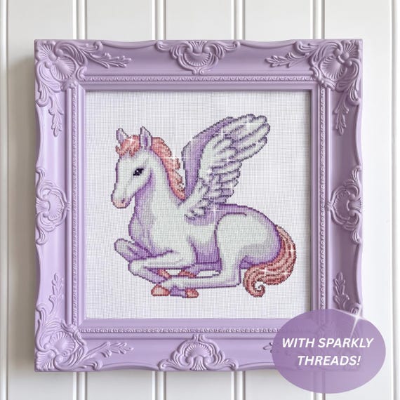 Pegasus Cross Stitch Pattern, Fantasy Chart With Sparkly Threads, Magical Girls Room Decor