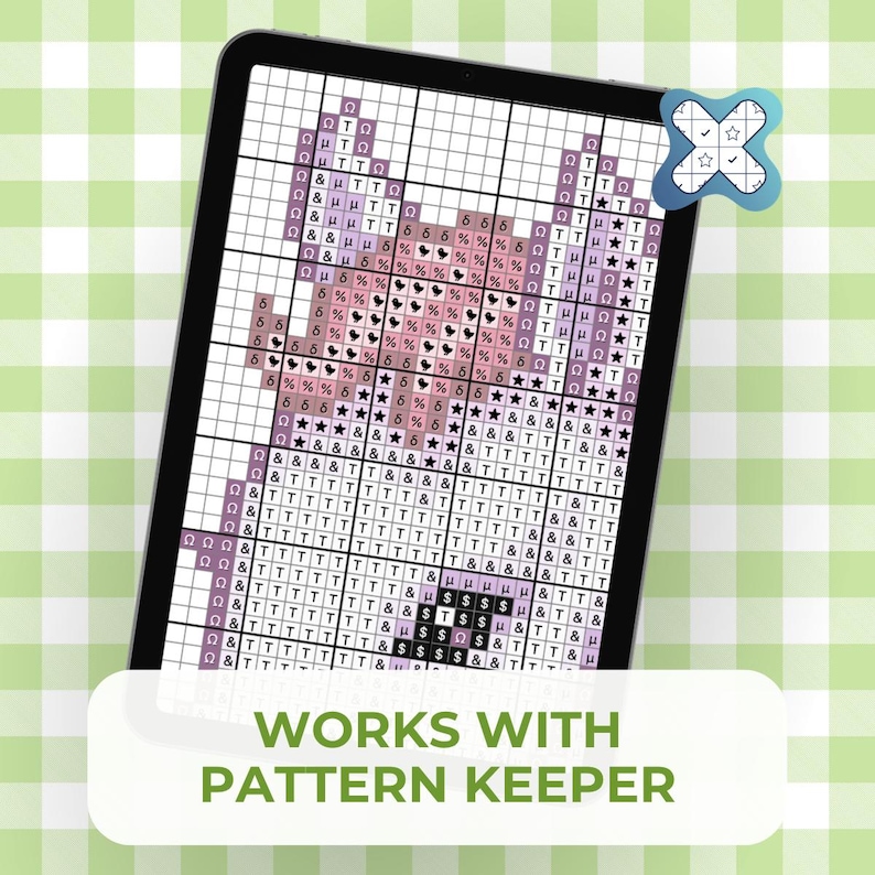May include: A digital tablet displaying a cross-stitch pattern grid with various symbols and shades of pink and purple. A blue icon with a checkmark and star sits in the corner. The text "WORKS WITH PATTERN KEEPER" is printed in green at the bottom.