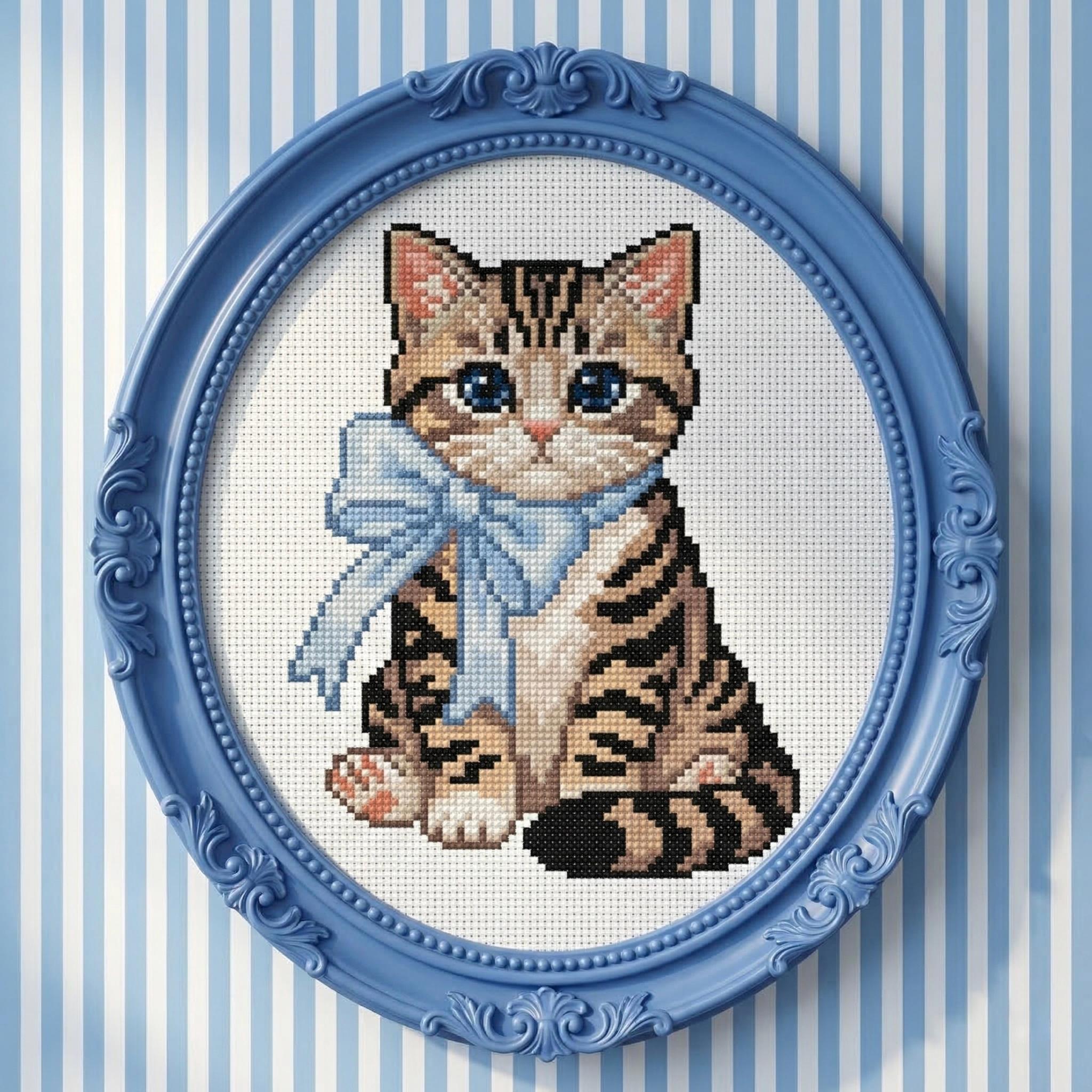 Cross Stitch PDF Pattern Tabby Cat With Blue Bow - Beginner Embroidery ...