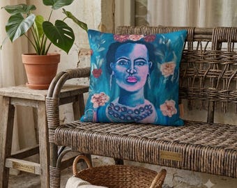 Federa per cuscino con interpretazione di Frida Kahlo in stile vintage