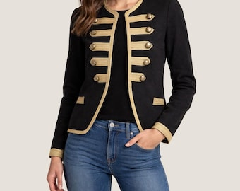 Frauen Schwarze Wolle Militärjacke - Goldfarbener Spitzenbesatz Kurzer Blazer | Handgefertigte Oberbekleidung Fashion