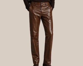 Mens Brown Leather Pants - Genuine Leather Trousers - Straight Fit Formal & Outerwear, Handmade