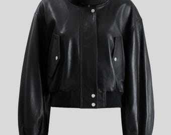 Schwarze Schaffell-Leder-Bomberjacke - Damen Oversized Streetwear, Handgemacht