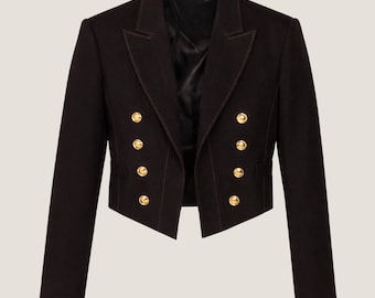 Luxus-Woll-Blazer-Jacke für Frauen, Schwarz - Militärisch inspiriert, Satin gefüttert, goldene Knöpfe