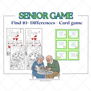 May include: A senior game set with a "Find 10+ Differences" activity and a card game. The image shows illustrations of cats, trees, and a couple playing a game. The text on the image reads "SENIOR GAME" and "Find 10+ Differences + Card game."