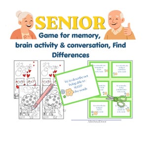 May include: A game for seniors with the word "SENIOR" in yellow. The game includes coloring pages, a pink pen, and cards with prompts like "Try to describe not being able to SLEEP in five words."
